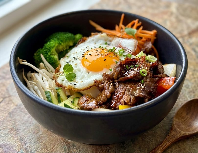 A black bowl filled with Korean bibimbap, featuring beef, a fried egg, and various vegetables.