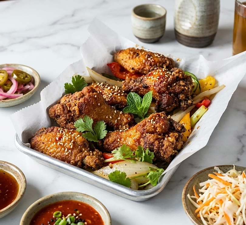 Crispy fried chicken wings with sesame seeds, herbs, and vegetables in a metal tray.