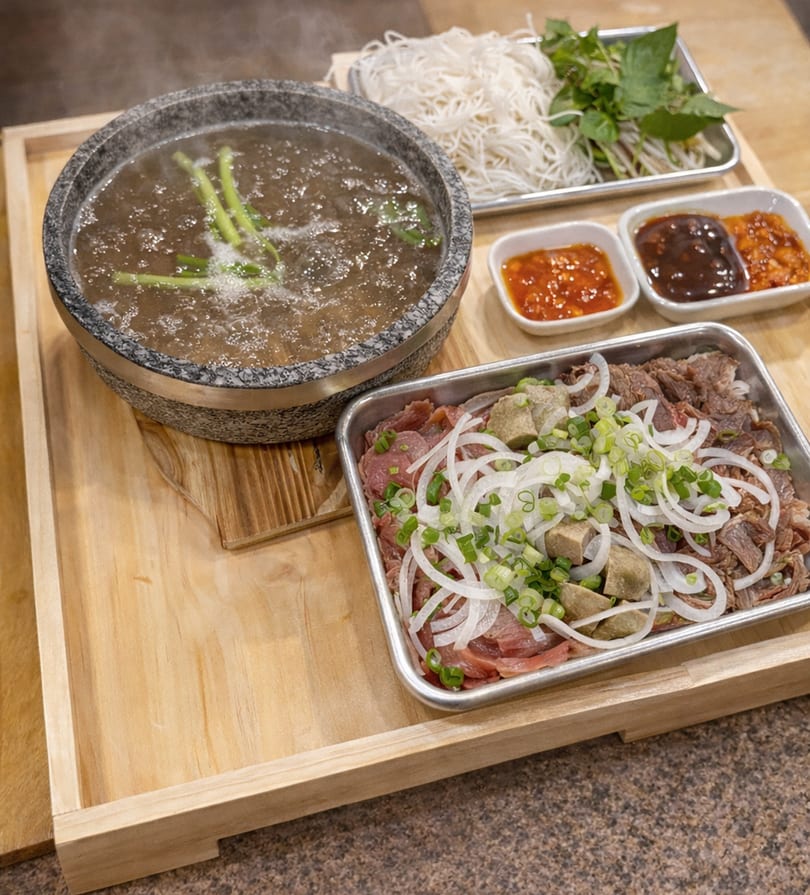 Hot pot with broth, raw beef, noodles, herbs, and dipping sauces on a wooden tray.