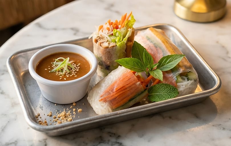 Fresh spring rolls with peanut sauce, garnished with basil, mint, and crushed peanuts on a tray.