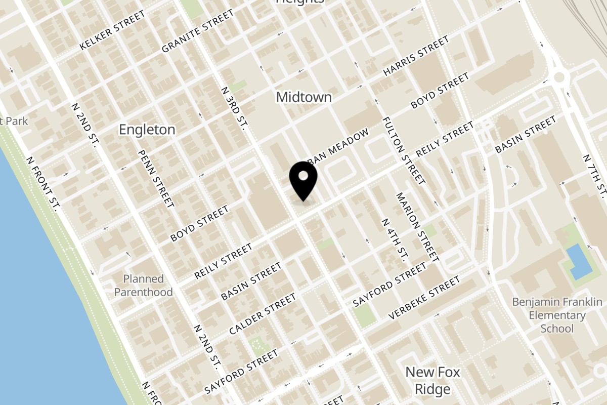Map showing the location of The LA Squared Vietnamese Restaurant on 304 Reily St in Harrisburg
